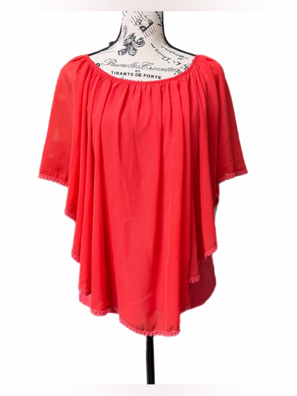 Cato Orange Flowy Short-Sleeve Poncho Blouse with Lace Trim S